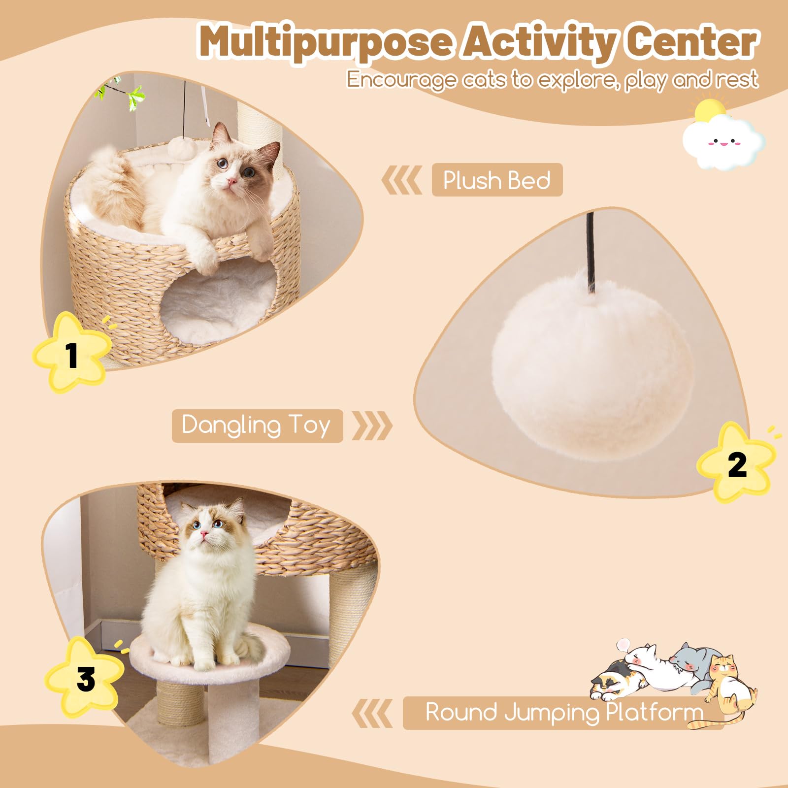 Tangkula Modern Cat Tree, 41 Inch Multi-Level Cat Tower With Cattail Fluff Condo & Top Perch, Hanging Toy, Bed, Removable Cushio